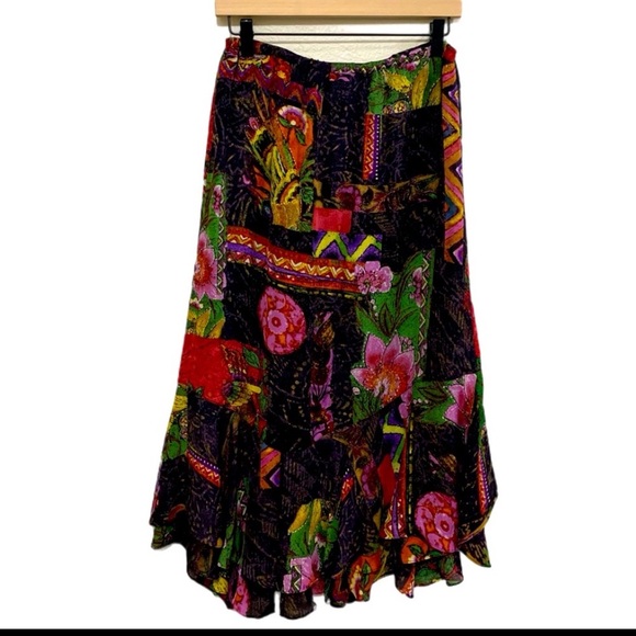 CHICO’S 100% SILK VINTAGE SKIRT WOMEN SZ 1  PINK PURPLE ABSTRACT LAYERED RUFFLES - Picture 2 of 11